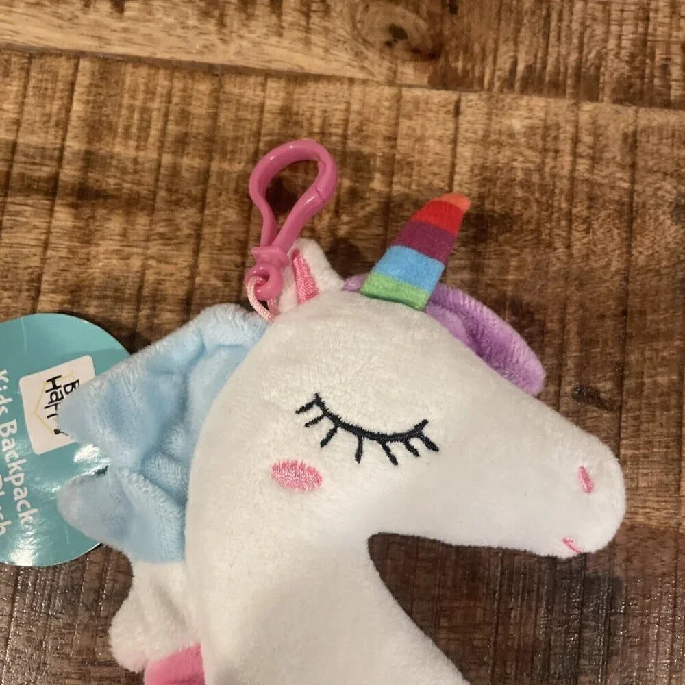 White Sleepy Unicorn Plush Backpack Clip Rainbow Horn & Mane Stuffed Animal